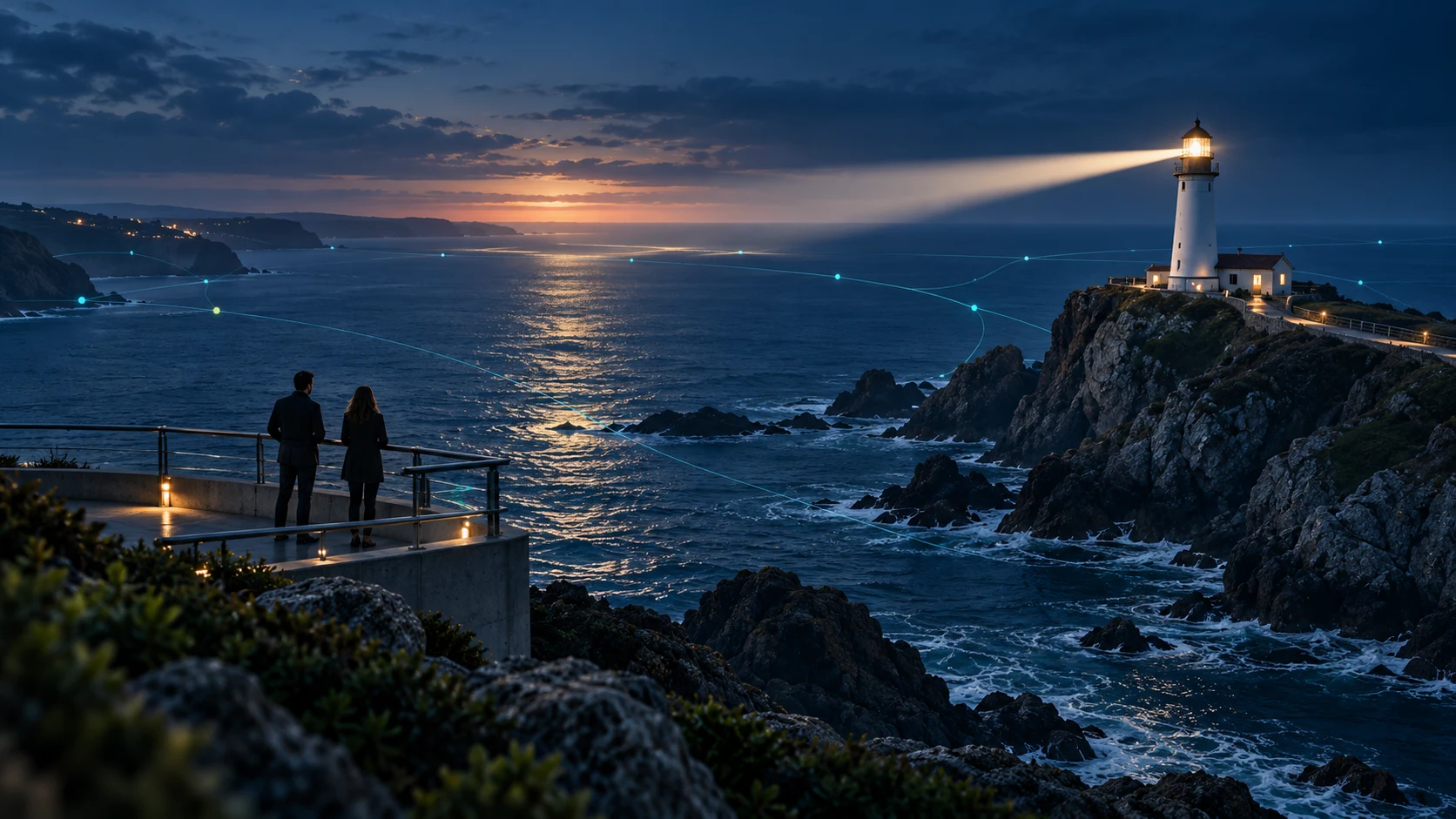 Farol a iluminar a costa atlântica ao anoitecer, com ligações digitais discretas