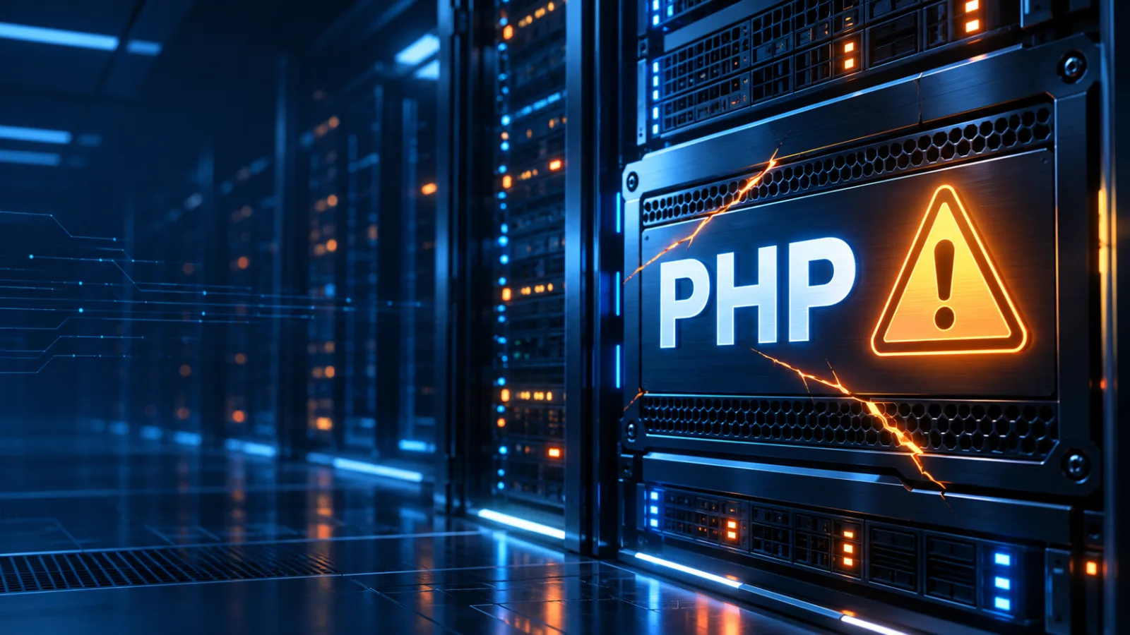 Ilustração de alerta PHP com servidores e sinal de aviso